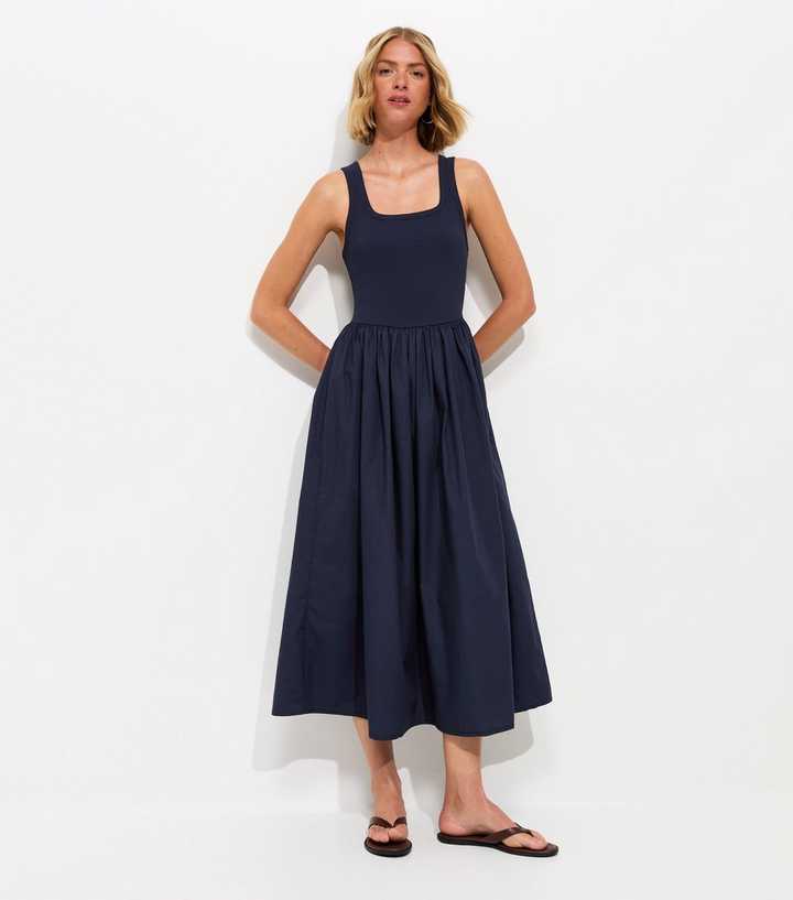Navy 2-In-1 Poplin Midi Dress