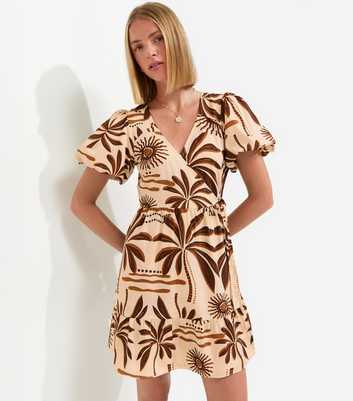 Brown Palm Tree Print Wrap Mini Dress