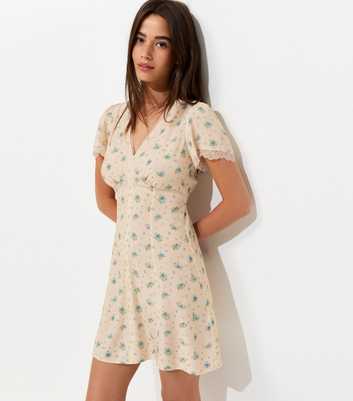 Cream Floral Lace Trim Short Sleeve Mini Dress