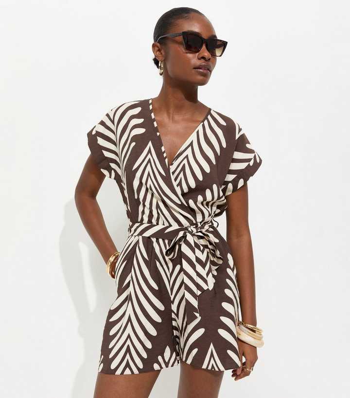 Brown Woven Palm Print Playsuit