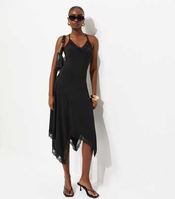 Black Lace Trim Asymmetric Midi Dress