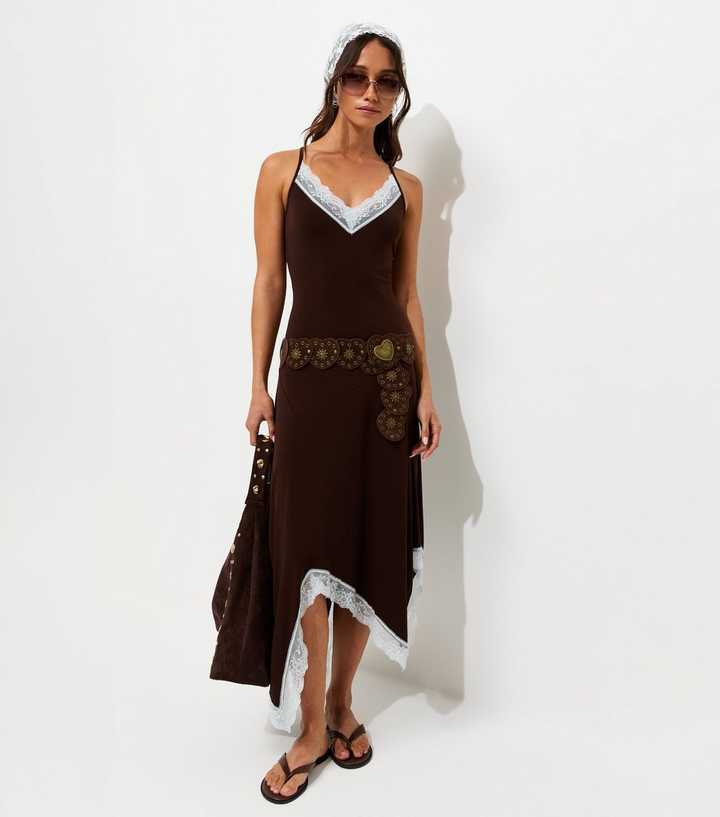 Dark Brown Lace Trim Asymmetric Midi Dress