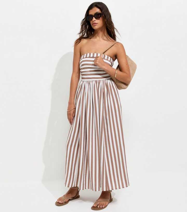 Brown Striped Bandeau Midi Dress