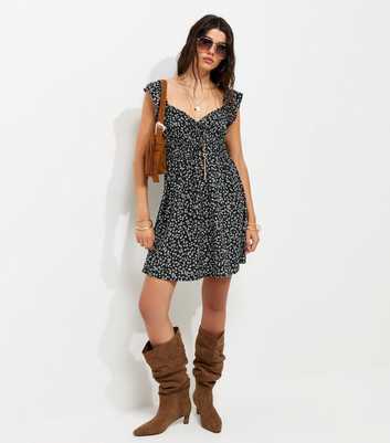 Black Frill Trim Daisy Print Mini Dress