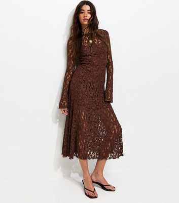 Dark Brown Lace Long Sleeve Midi Dress