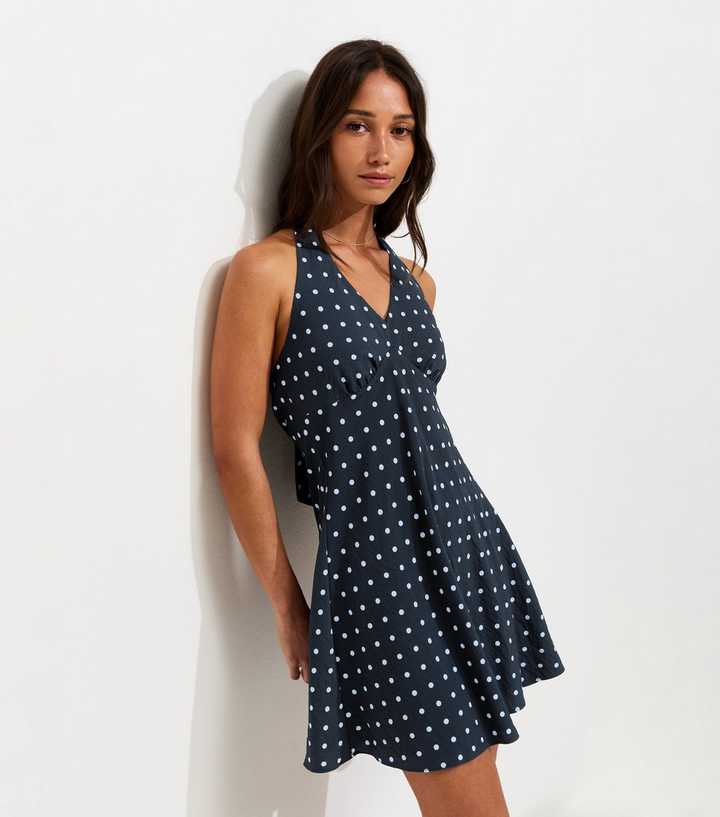Blue Polka Dot Halter Neck Mini Dress