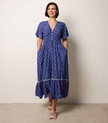 Blue Vanilla Blue Floral Print Button Front Midi Dress
