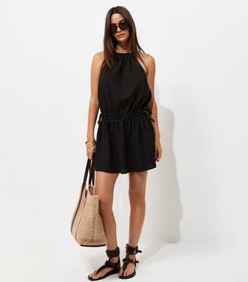 Black Dropped Waist Halter Neck Mini Dress