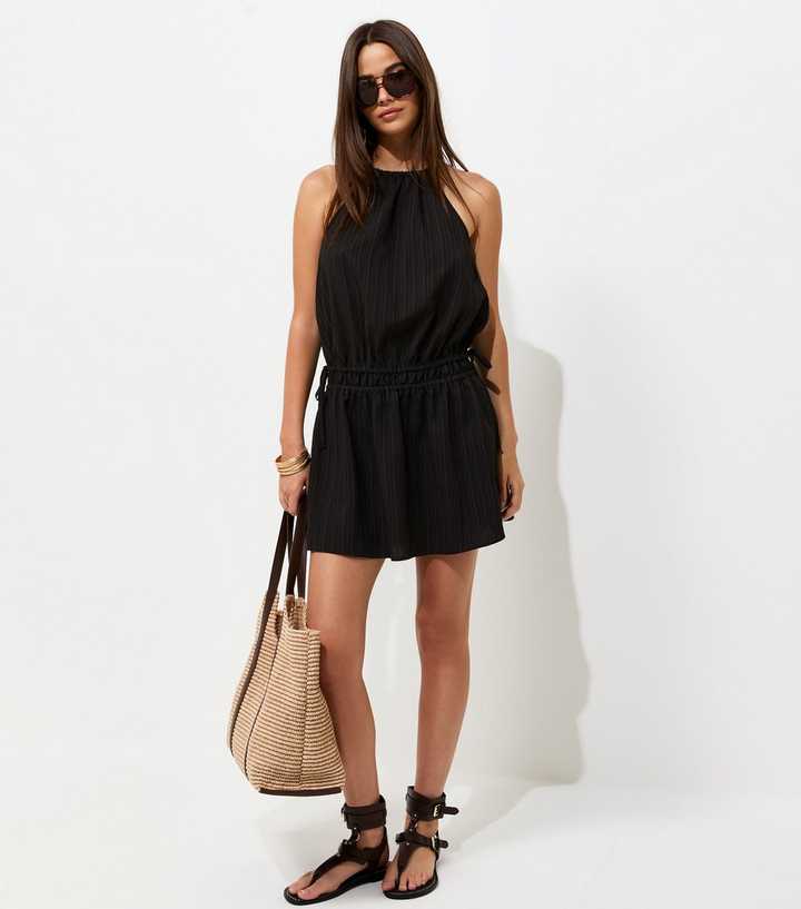 Black Dropped Waist Halter Neck Mini Dress