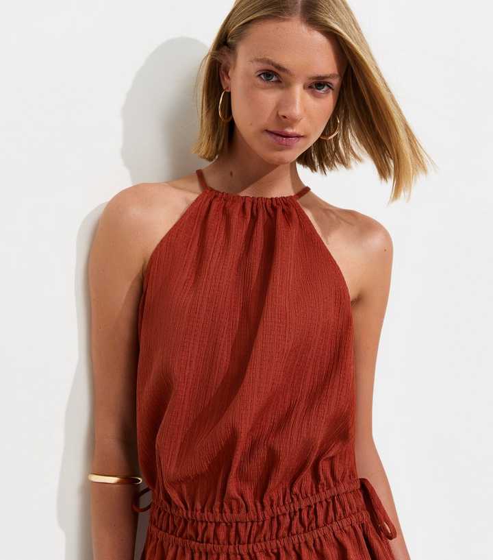 Dark Red Dropped Waist Halter Neck Mini Dress | New Look