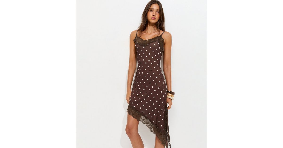 asymmetrical polka dot dress Milos Asymmetric Neckline Maxi Dress Polka Dot Brown Selfie Leslie