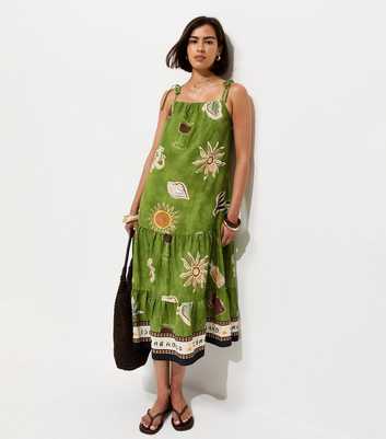 Green Border Print Tiered Midi Dress