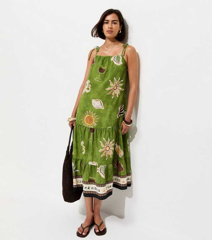 Green Border Print Tiered Midi Dress