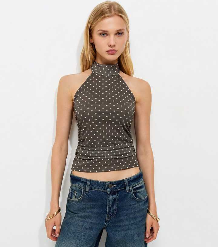 Grey Mesh Polka Dot High Neck Halter Top