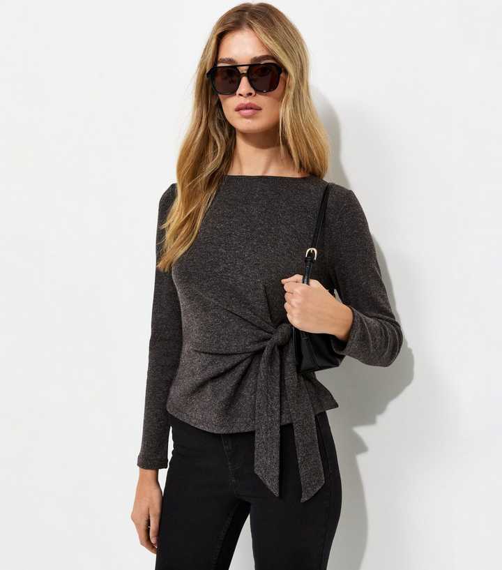 Tall Dark Grey Soft Touch Front Tie Long Sleeve Top