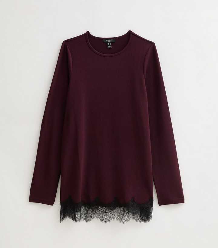 Tall Dark Burgundy Soft Touch Lace Hem Mini Dress