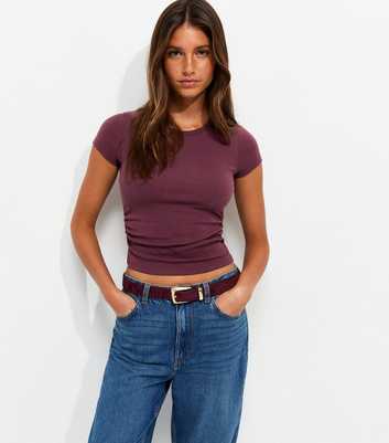 Dark Burgundy Cotton Rich Ruched Side Baby Tee T-Shirt