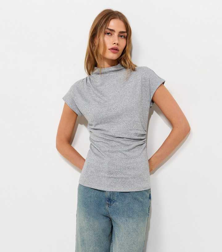 Light Grey Soft Touch Draped High Neck T-Shirt