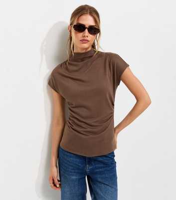 Dark Mink Soft Touch Draped High Neck T-Shirt