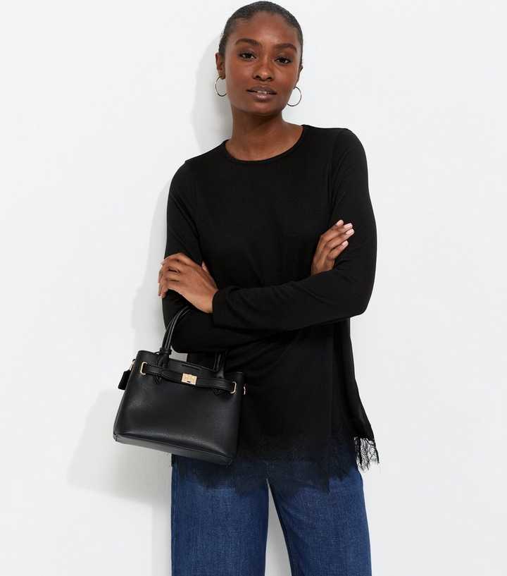 Black Lace Hem Long Sleeve Top
