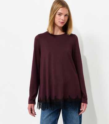 Dark Burgundy Lace Hem Long Sleeve Top