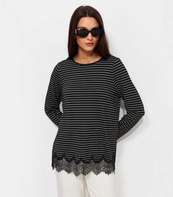 Black Striped Scalloped Lace Hem Top