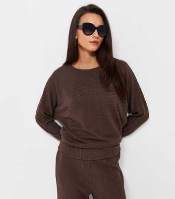 Dark Brown Soft Touch Ribbed Batwing Sleeve Top