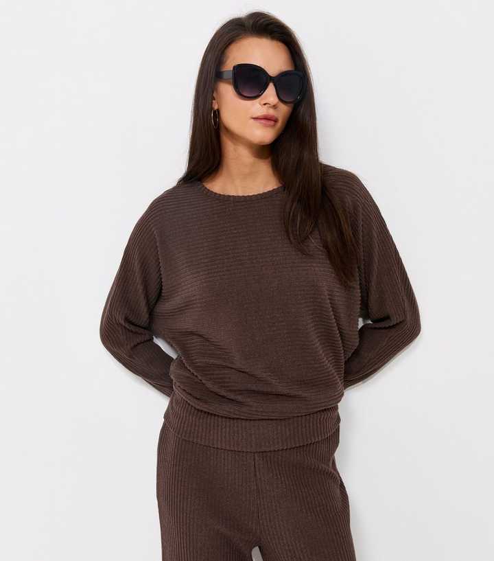 Dark Brown Soft Touch Ribbed Batwing Sleeve Top