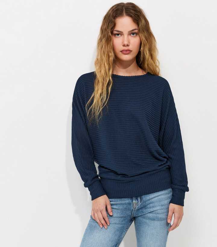 Navy Soft Touch Ribbed Batwing Sleeve Top