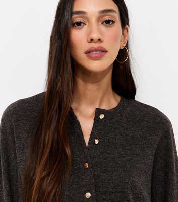 Dark Grey Fitted Hem Crew Neck Cardigan