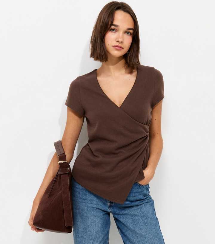 Dark Brown Soft Touch Wrap Cap Sleeve Top