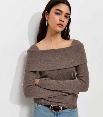 Oatmeal Soft Touch Lace Hem Bardot Top