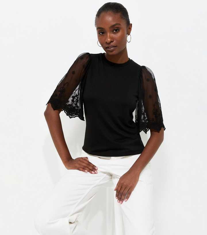 Black Soft Touch Lace Sleeve T-Shirt