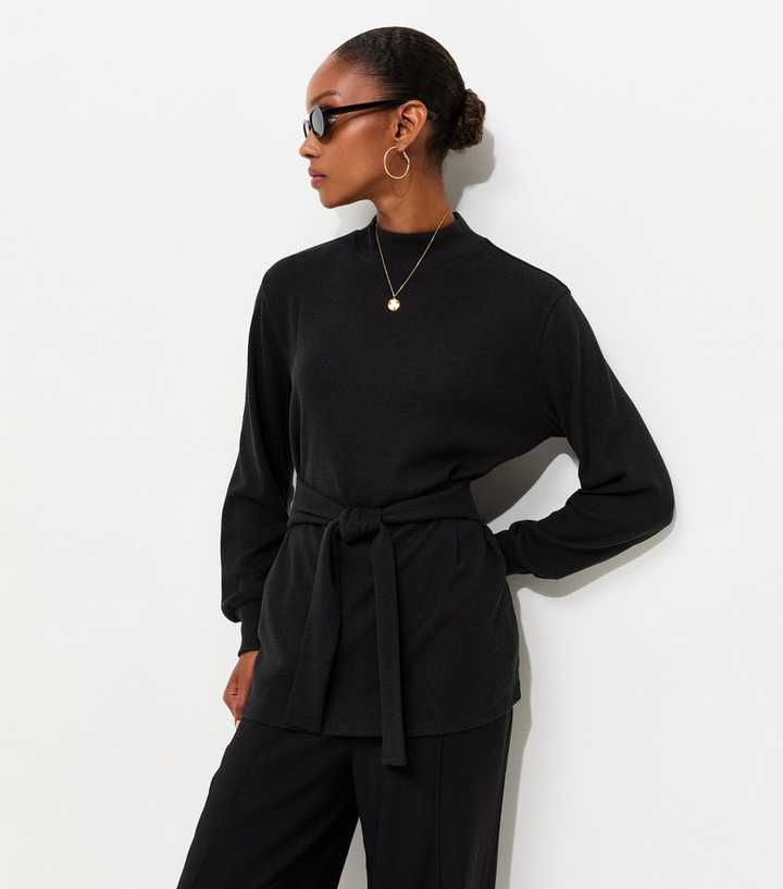 Black Soft Touch Belted High Neck Long Sleeve Knit Top