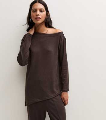Dark Brown Asymmetric Hem Long Sleeve Top