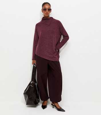 Dark Burgundy Soft Touch Asymmetric Hem Roll Neck Top
