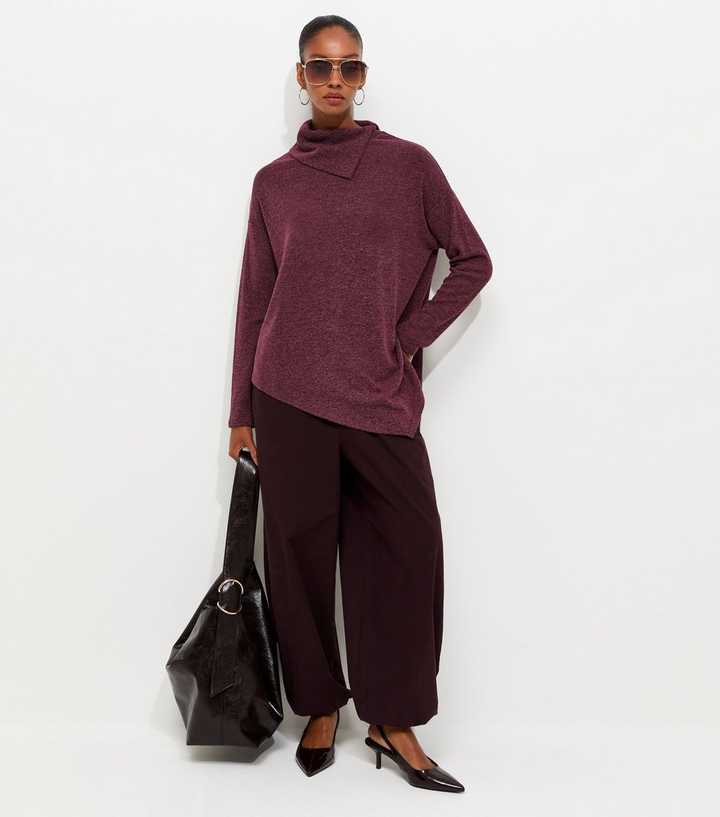 Dark Burgundy Soft Touch Asymmetric Hem Roll Neck Top