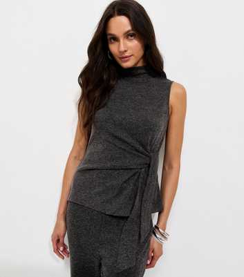 Dark Grey Knotted High Neck Sleeveless Top