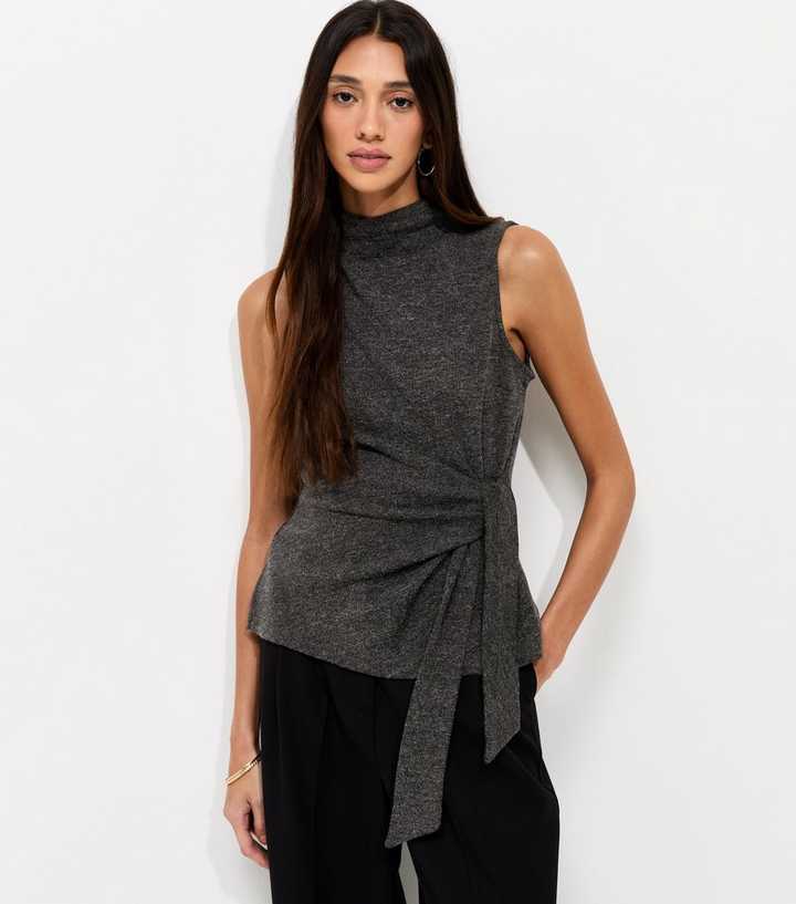 Dark Grey Knotted High Neck Sleeveless Top