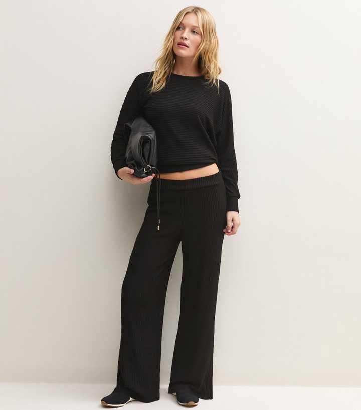 Black Soft Touch Ribbed Wide Leg Trousers