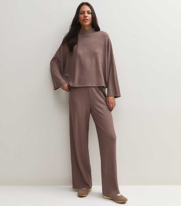 Mink Soft Touch Ribbed Wide Leg Trousers