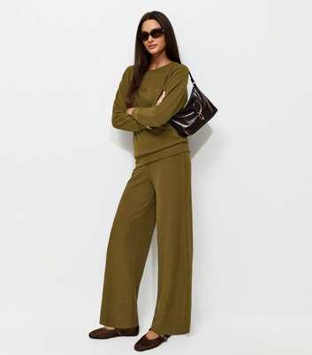 Dark Khaki Soft Touch Ribbed Wide Leg Trousers