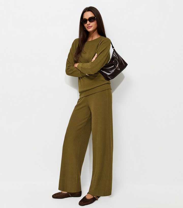 Dark Khaki Soft Touch Ribbed Wide Leg Trousers