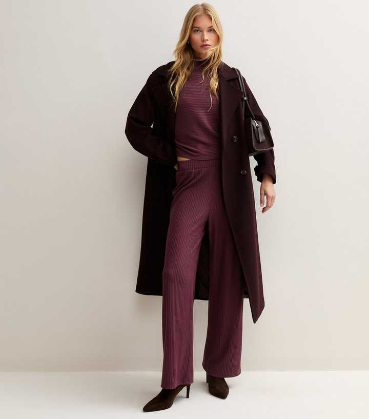 Dark Burgundy Soft Touch Ribbed Wide Leg Trousers