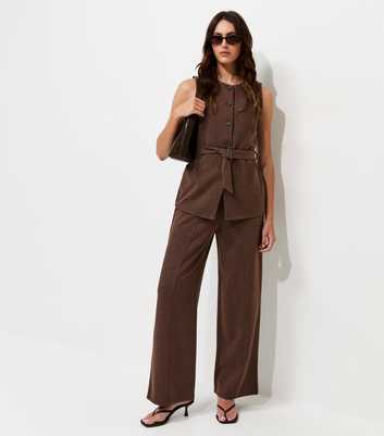 Dark Brown Soft Touch Compact Knit Wide Leg Trousers