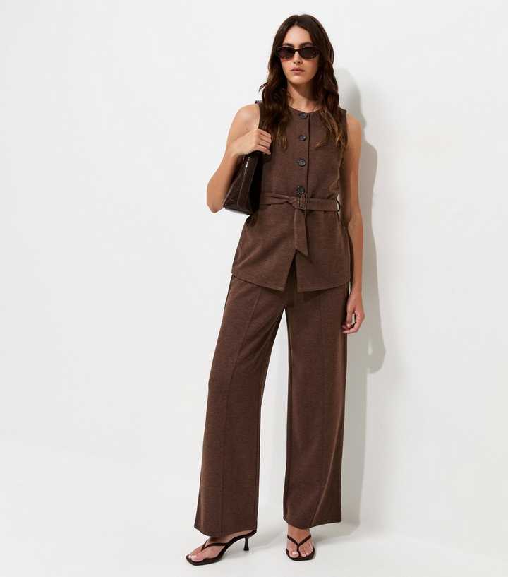 Dark Brown Soft Touch Compact Knit Wide Leg Trousers