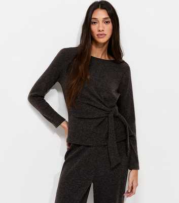 Dark Grey Soft Touch Tie Front Long Sleeve Top