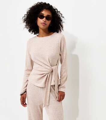 Oatmeal Soft Touch Tie Front Long Sleeve Top