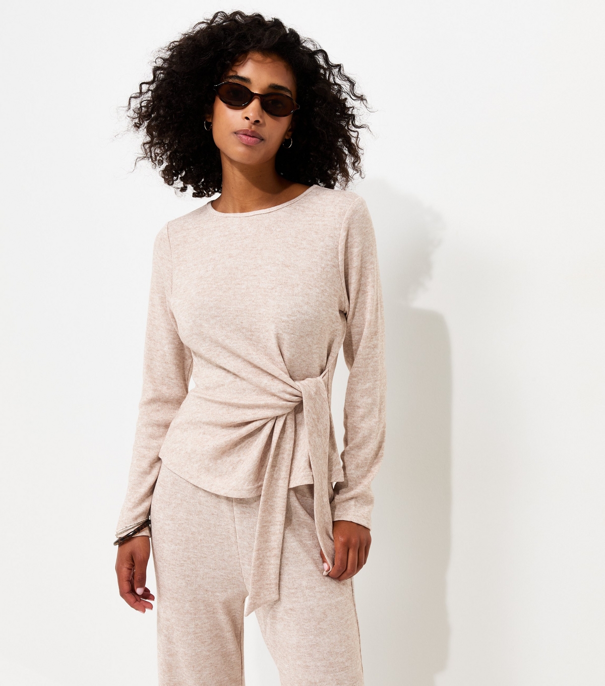 Women's Oatmeal Soft Touch Tie Front Long Sleeve Top New Look