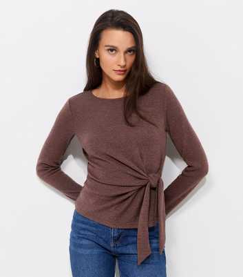 Dark Brown Soft Touch Tie Front Long Sleeve Top